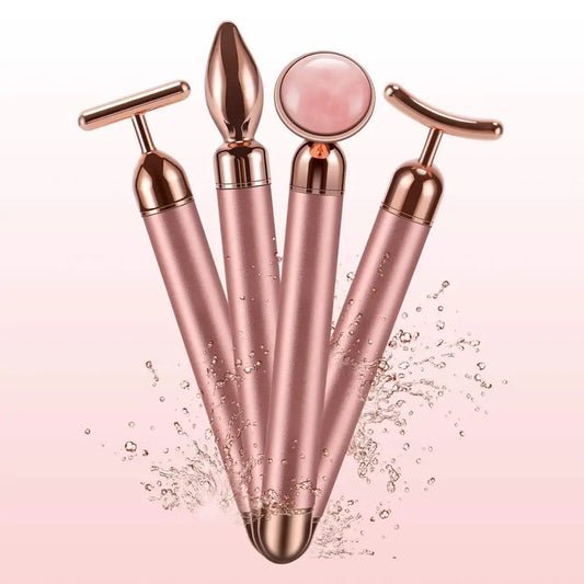 4 in 1 Vibrating Rose Quartz Roller Face Roller Eye Massager Jade Roller T/V Shaped Face Lifting Slimming Beauty Care Massager