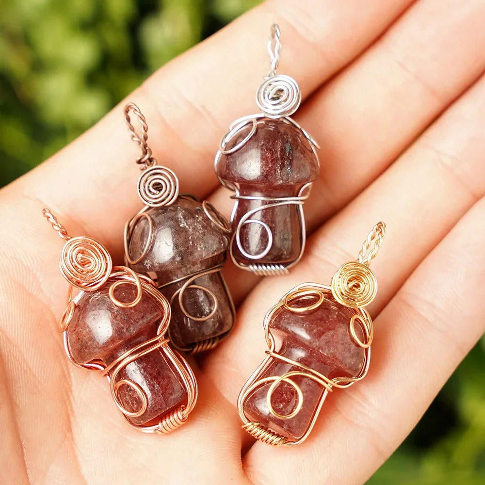 1Pc Natural Stone Handmade Wire Wrapped Healing Mushroom Crystal Necklace